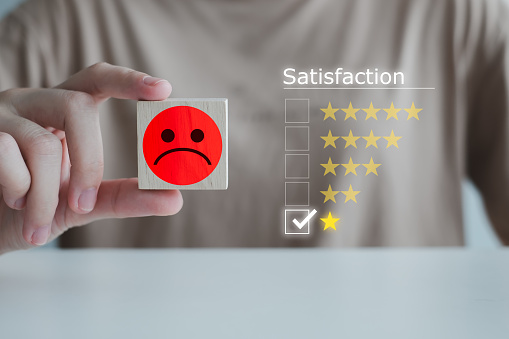 Customer service rating experience, feedback emotion and satisfaction survey with negative, neutral and positive facial expressions. hand showing sad face icon on wood cube with 1 star.