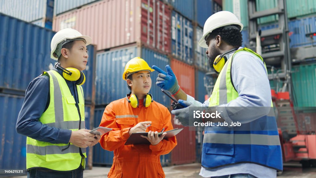 Container Field Work Container Terminal Employees Walking And Checking Container Cargo In ...