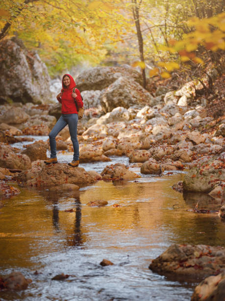 Travel and road trip concept at autumn. Adventure and active lifestyle in nature. Tourist hiking in forest. Asian woman in red hoodie walks in forest. Wanderlust concept.