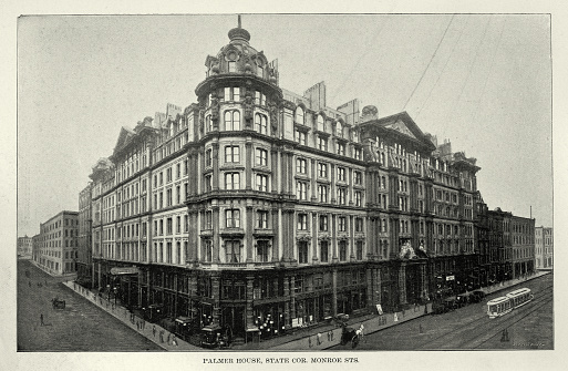 Vintage illustration after a photograph of Palmer House, State Corner Monrose Street, Chicago, 19th Century