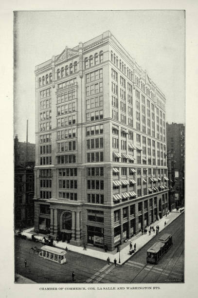 Vintage illustration after a photograph of Chamber of Commerce, corner La Salle and Washington Streets, Chicago, 19th Century