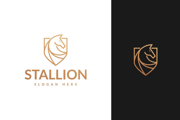 illustrazioni stock, clip art, cartoni animati e icone di tendenza di stallone testa di cavallo e scudo con contorno linea monoline stile logo design vettoriale - horse silhouette