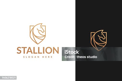istock stallion horse head and shield with line outline monoline style logo design vector 1406218021