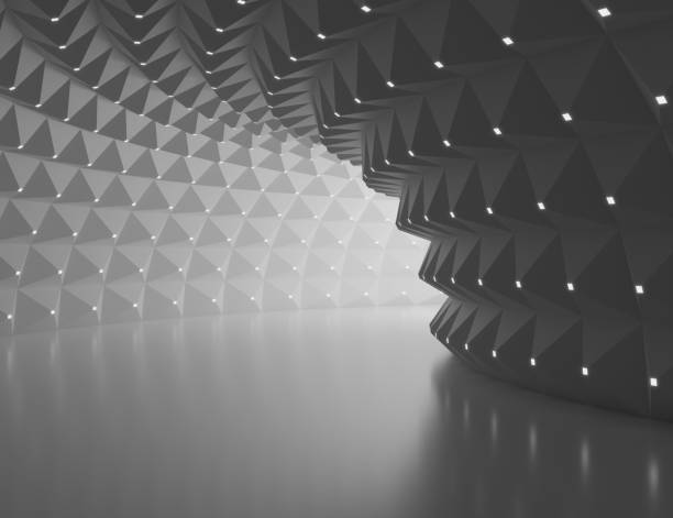 istock 3D render. Abstract background. Geometric tunnel with luminous elements at the end of which there is light. 1406218319