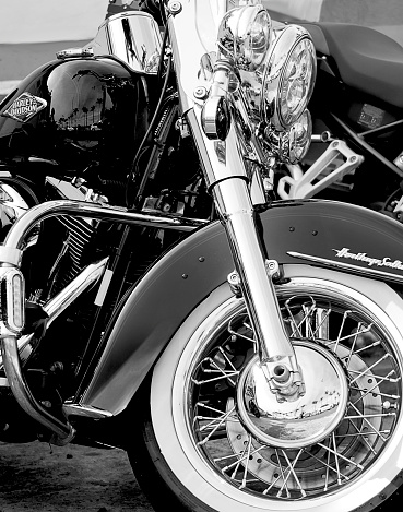 Harley-Davidson Heritage Softail  motorcycle frontal detail. June 12, 2022. Jaguariuna, State of São Paulo, Brazil
