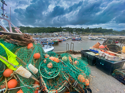 Lobster pots at Staithes Harbour, and Staithes Village