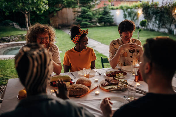 Dinner party outdoors stock photo