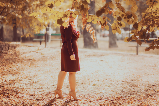 Beautiful and elegant young woman portrait looking over shoulder and posing in autumnal park
