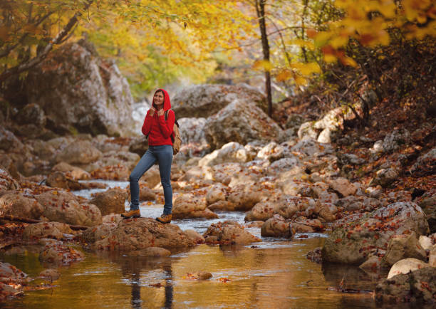 Travel and road trip concept at autumn. Adventure and active lifestyle in nature. Tourist hiking in forest. Asian woman in red hoodie walks in forest. Wanderlust concept.