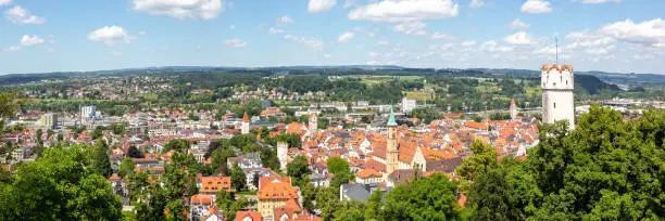 View of Ravensburg city from above top view with Mehlsack Turm tower and old town panorama in Germany