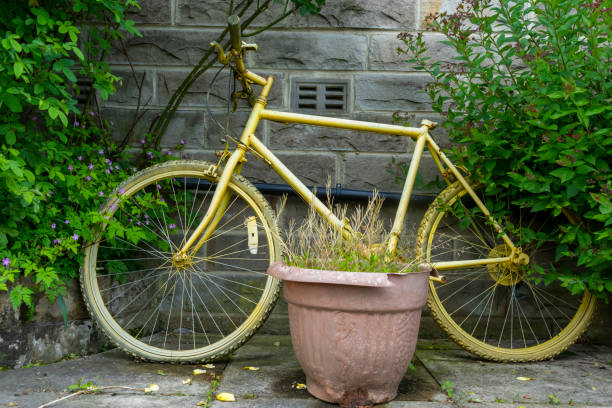 Painted bicycle used as decoration in a park in Haworth.