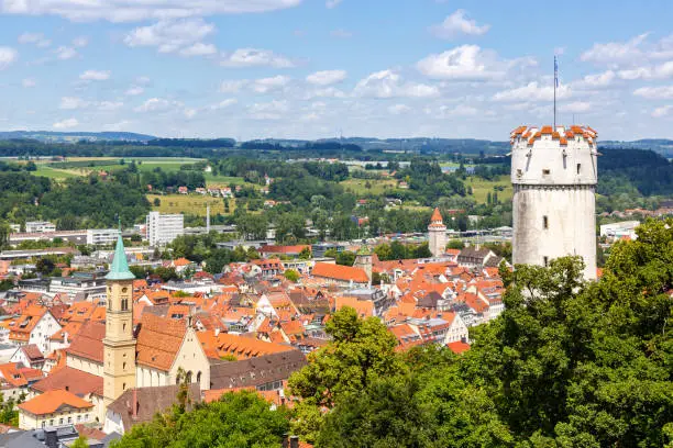 View of Ravensburg city from above top view with Mehlsack Turm tower and old town in Germany