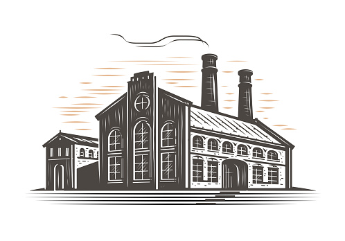 Old factory building facade and chimneys. Industrial production concept sketch in vintage engraving style