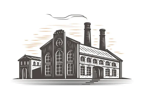 Vector illustration of Old factory building facade and chimneys. Industrial production concept sketch in vintage engraving style