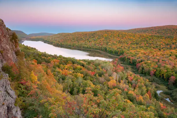 Autumn landscape at twilight, Lake of the Clouds, Porcupine Mountains Wilderness State Park, Michigan's Upper Peninsula, USA