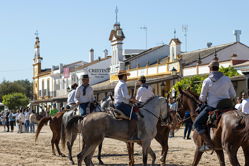 El Rocio, Huelva, Spain : 06.26.2022. Transfer of mares is a livestock event carried out with swamp mares, which is held annually in the municipality of Almonte, Huelva. In Spanish called \
