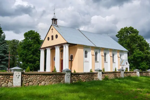 Old ancient catholic church of the Transfiguration of the Lord in classicism style. Malaya Mysh village, Baranovichi district, Brest region, Belarus.