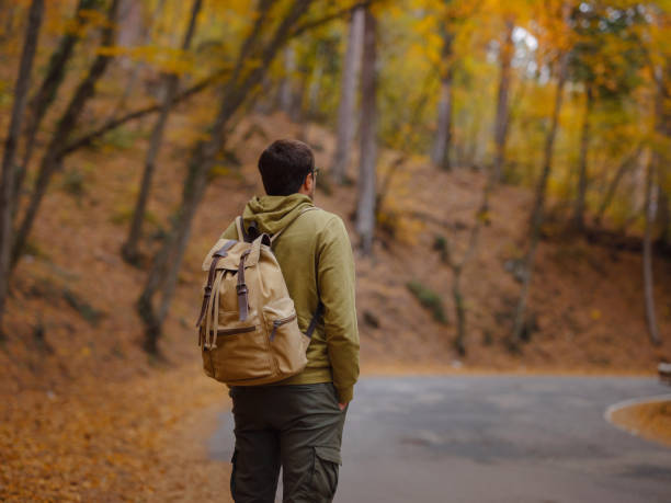 istock Young handsome man posing in autumn forest. 1406227221