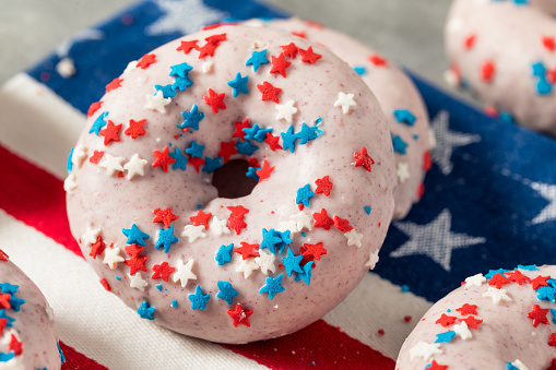 Homemade American Festive Donuts with Red White Blue Sprinkles