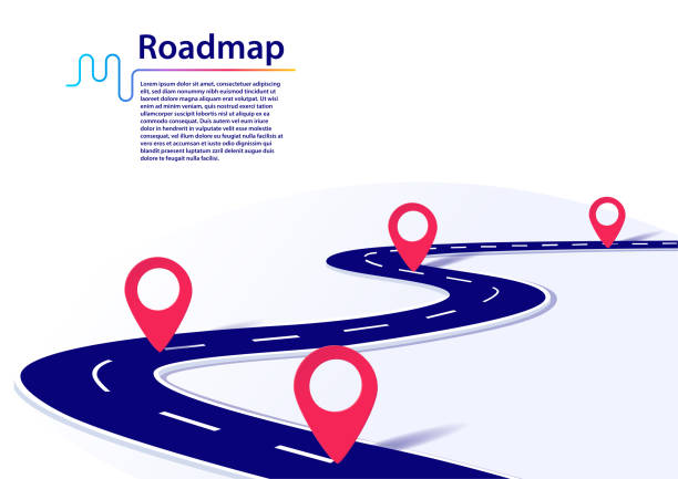 bildbanksillustrationer, clip art samt tecknat material och ikoner med roadmap infographic with milestones. business concept for project management or business journey. vector illustration of a blue winding road on white background with red milestones. - winding road