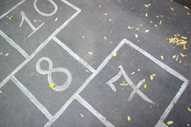 Close-up hopscotch kid game drawn on pavement