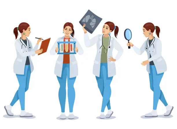 Vector illustration of Female Doctor Character Set with Various Poses and Gestures.