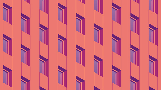 Vector isometric building facade detailed architecture illustration. Fragment of city building facade design with architecture elements, windows, balcony, etc. Facade is under mask.