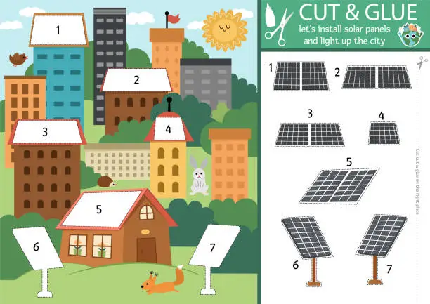 Vector illustration of Vector ecological cut and glue activity. Crafting game with earth friendly town. Fun printable worksheet for children. Find right piece of the puzzle, complete the picture. Install solar panels page