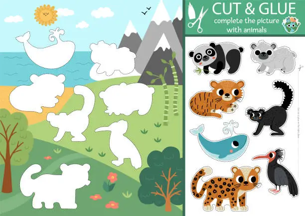 Vector illustration of Vector ecological cut and glue activity. Crafting game with nature scene and endangered animals. Fun printable worksheet. Find right piece of the puzzle. Earth day complete the picture page