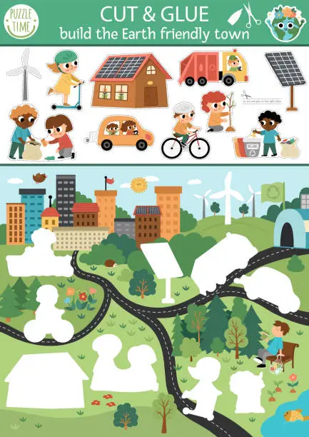 Vector illustration of Vector ecological cut and glue activity. Crafting game with earth friendly town. Fun printable worksheet for children. Find the right piece of the puzzle. Earth day complete the picture page