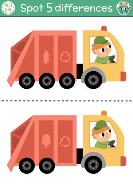 illustrazioni stock, clip art, cartoni animati e icone di tendenza di trova differenze di gioco per bambini. attività educativa ecologica con simpatico camion della spazzatura. puzzle della giornata della terra per bambini. eco awareness o foglio di lavoro stampabile zero rifiuti con auto dei rifiuti - 7096