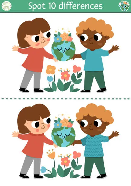 Vector illustration of Find differences game. Ecological educational activity with cute children holding planet with flowers. Earth day puzzle for kids. Eco awareness or zero waste printable worksheet or page