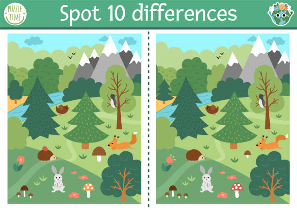 Find differences game for children. Ecological educational activity with cute nature forest scene, animals. Earth day puzzle for kids. Eco awareness printable worksheet with endangered animal Find differences game for children. Ecological educational activity with cute nature forest scene, animals. Earth day puzzle for kids. Eco awareness printable worksheet with endangered animal kid goat stock illustrations