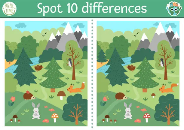 Vector illustration of Find differences game for children. Ecological educational activity with cute nature forest scene, animals. Earth day puzzle for kids. Eco awareness printable worksheet with endangered animal