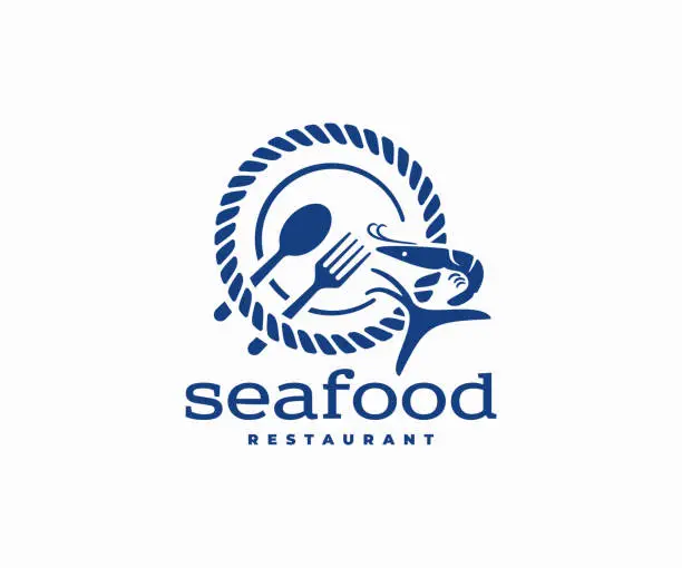 Vector illustration of Seafood restaurant design. Vector design of an sea rope, plate, fork, spoon and marine life. Fresh ocean food, tuna fish and shrimp