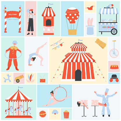 Cute circus set vector illustration. Cartoon clown, acrobat and magician, chapiteau tent, carousel, booth with tickets and ice cream in square collage background. Amusement park, carnival fair concept