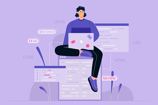 Script coding and programming in php, python, javascript, other languages. Cartoon professional programmer working with laptop online among windows and programs flat vector illustration. Code concept