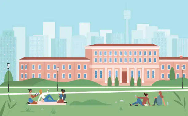 Vector illustration of University or college campus building and park, group of students sitting on green grass