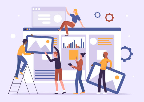 Digital content building process, marketing and programming website interface by builders Digital content building process, marketing and programming website interface. Cartoon builders create homepage, software interface online flat vector illustration. Project, technology concept crash site stock illustrations