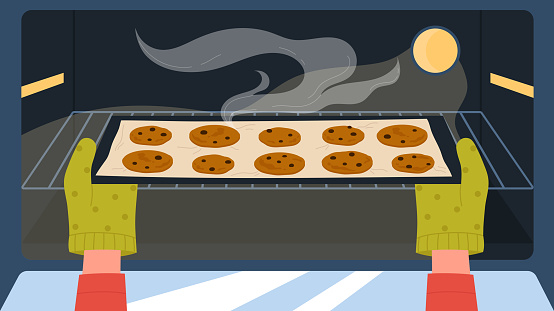 Hands in gloves taking out tray of cookies from baking oven. Cartoon baker or chef cooking biscuit in home kitchen, making dessert flat vector illustration. Sweet food recipe, bakery concept