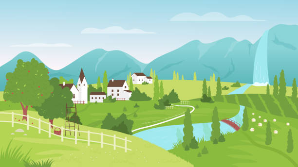 landschaft sommer ruhige landschaft mit feldern, häusern, fluss und bergen am tag - town village panoramic green stock-grafiken, -clipart, -cartoons und -symbole