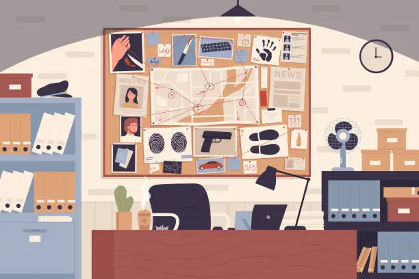 Vector illustration of Police office interior with investigation board, evidences, suspect photo and map
