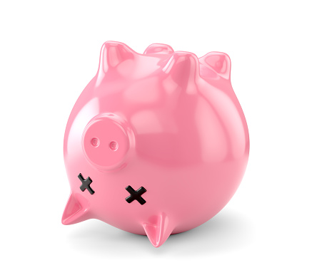 Dead pink piggy bank upside down isolated on white background. Economic depression, financial crisis, bankruptcy concept. 3D illustration