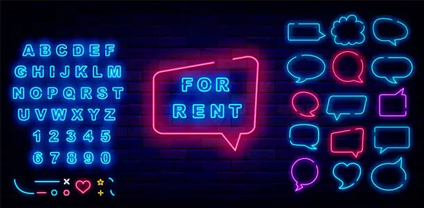 Vector illustration of For rent neon sign in cloud frame. Speech bubbles frames set. Space for text. Shiny blue alphabet. Vector illustration