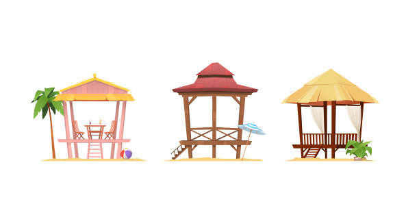 беседки на пляже - hut island beach hut tourist resort stock illustrations