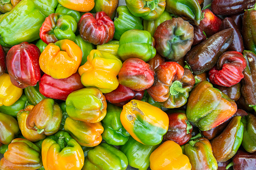 Group of colored peppers on a display window of a street market