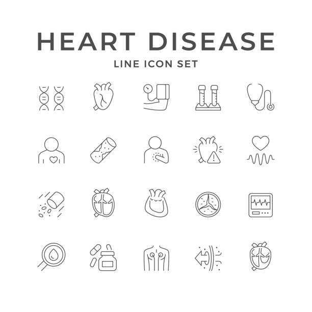 Heart disease line outline icon Heart disease line outline icon isolated on white. Medical test, heredity, blood pressure, arteriosclerosis, myocardial dystrophy, pericarditis, cardiovascular illness, heartbeat. Vector illustration pericarditis stock illustrations