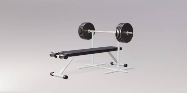 istock 3d realistic gym bench and barbell on white stand isolated on gray background. Vector illustration. 1406242707