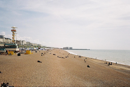 Wintry beach scene from Westward Ho! Devon, UK. 35mm camera film.