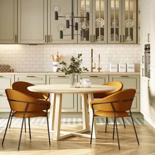 istock Interior of a modern kitchen with beige mosaic backsplash and parquet floor. 3d rendering 1406244423